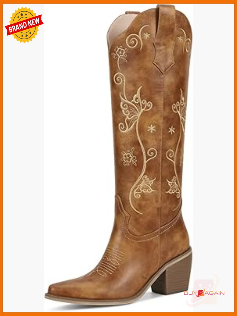 Cowboy Boots Knee High Cowgirl Tall Retro Embroidered Chunky Heel Slip On